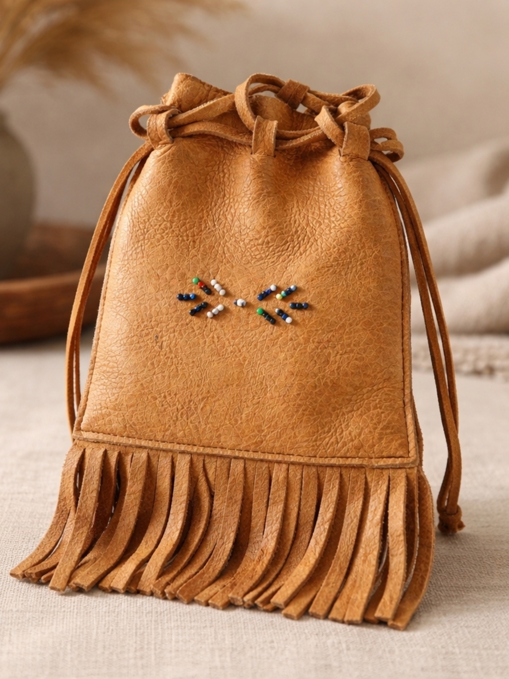 Fringed Drawstring Medicine Bag Tan Deer Skin Bead Accent 4" X 5.25" Vintage